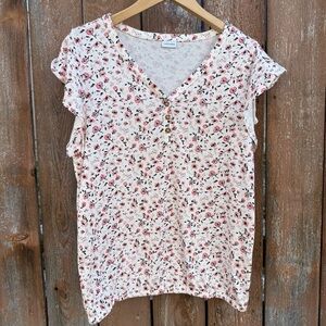 LASCANA Women’s Pink White Floral V-Neck Ruffle Sleeve Blouse Shirt Size 8 10